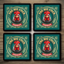 Load image into Gallery viewer, Four identical coasters with a rooster illustration and &#39;The Big Cock&#39; text on a wooden surface.
