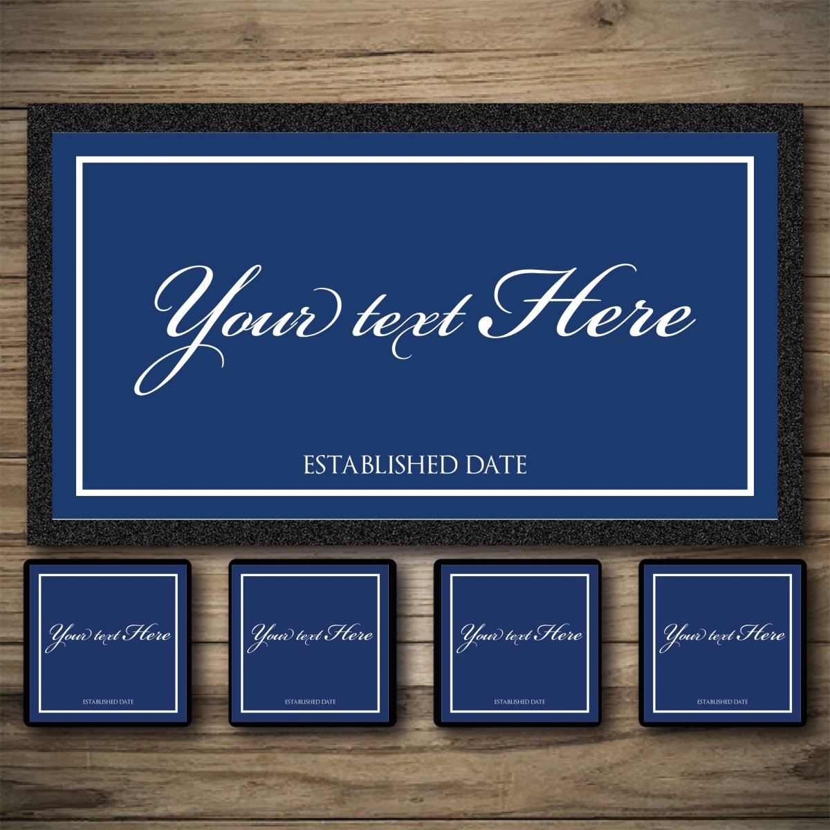 Personalizable blue sign with customizable text on a wooden surface