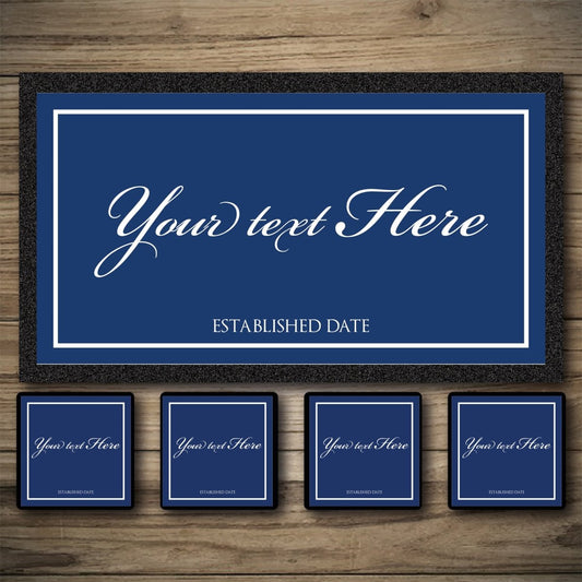 Personalizable blue sign with customizable text on a wooden surface