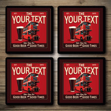 Load image into Gallery viewer, Four red coasters with a red double-decker bus and beer glass design on a wooden surface.
