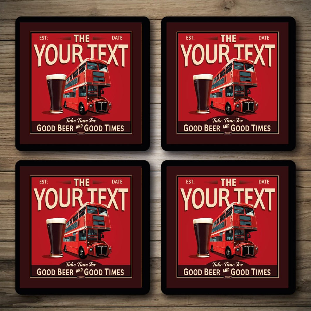 Four red coasters with a red double-decker bus and beer glass design on a wooden surface.