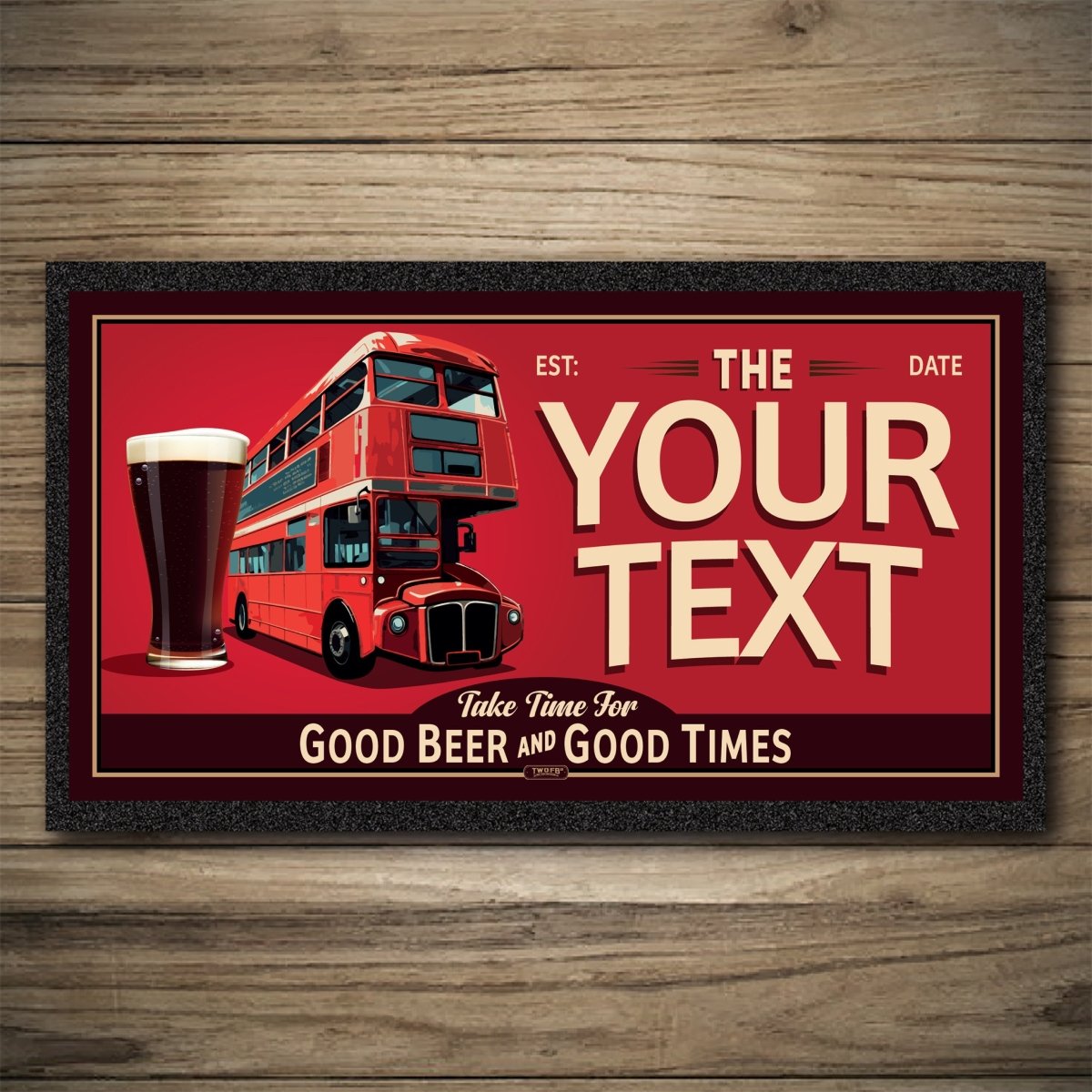 Red double-decker bus with a glass of beer on a red background with customizable text.