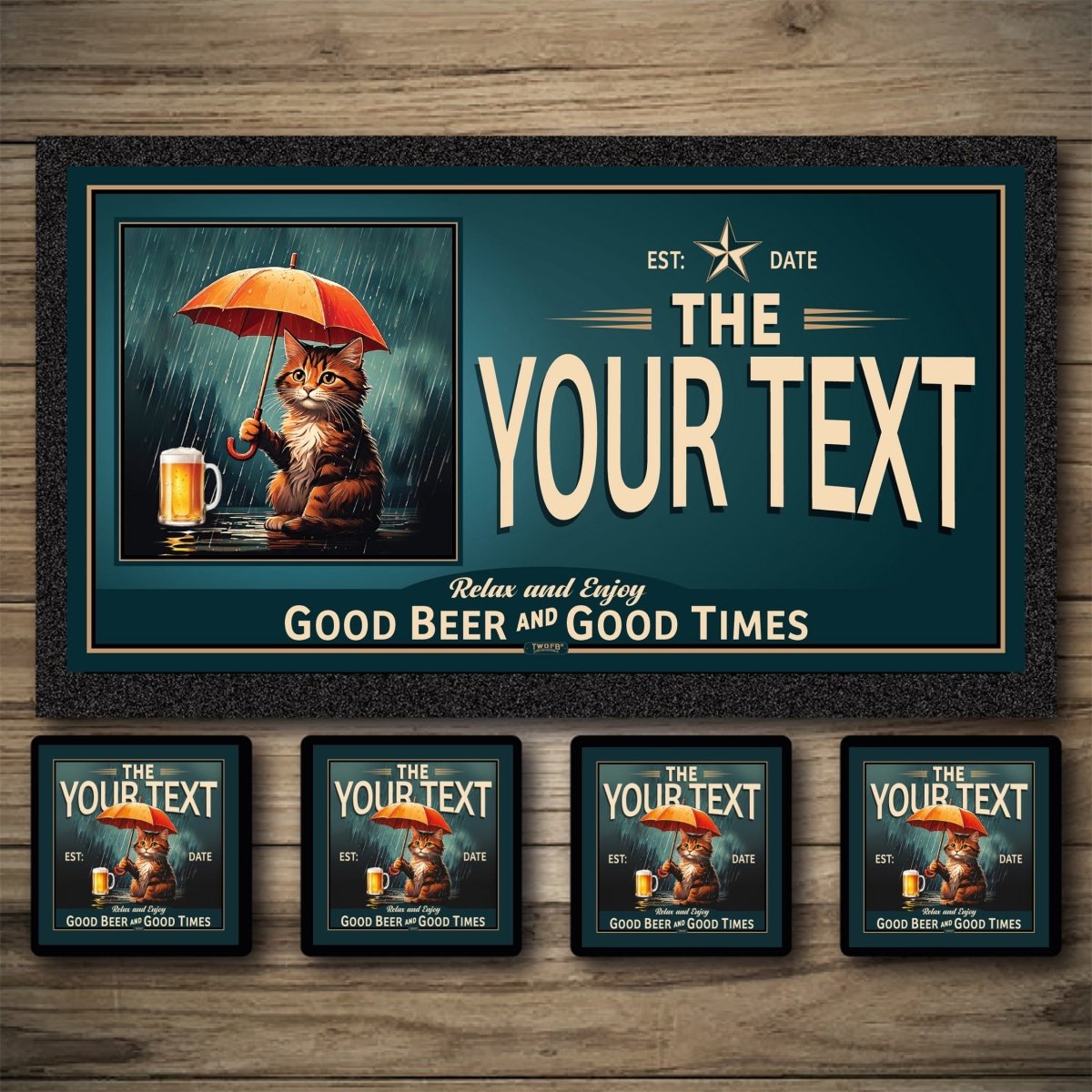 Decorative sign with a cat holding an umbrella and a beer mug, customizable text on a wooden background.