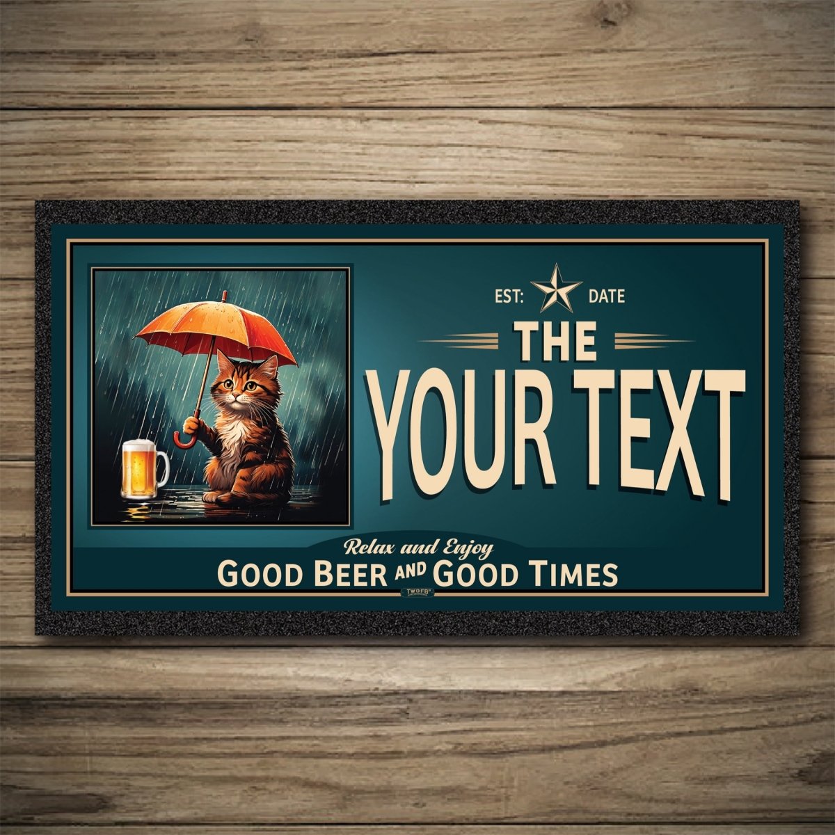 Personalizable vintage-style sign with a cat under an umbrella and a beer, on a wooden background.