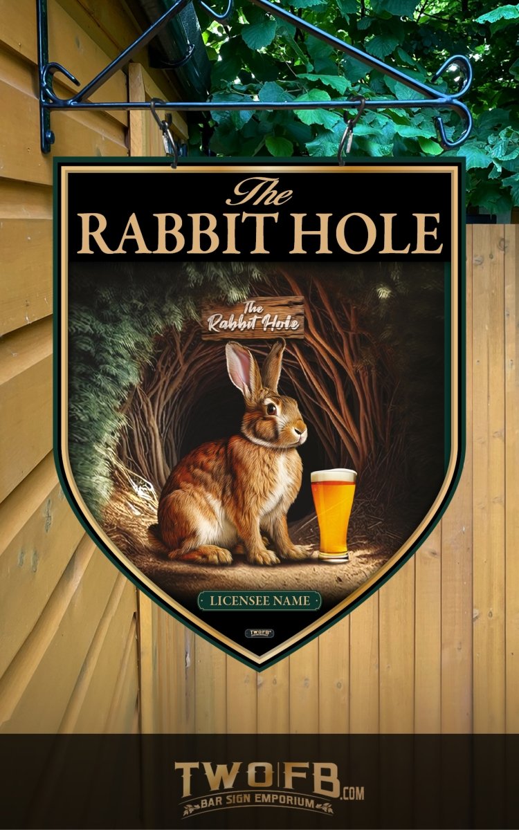 Decorative sign for 'The Rabbit Hole' with a rabbit and beer, hanging outdoors.