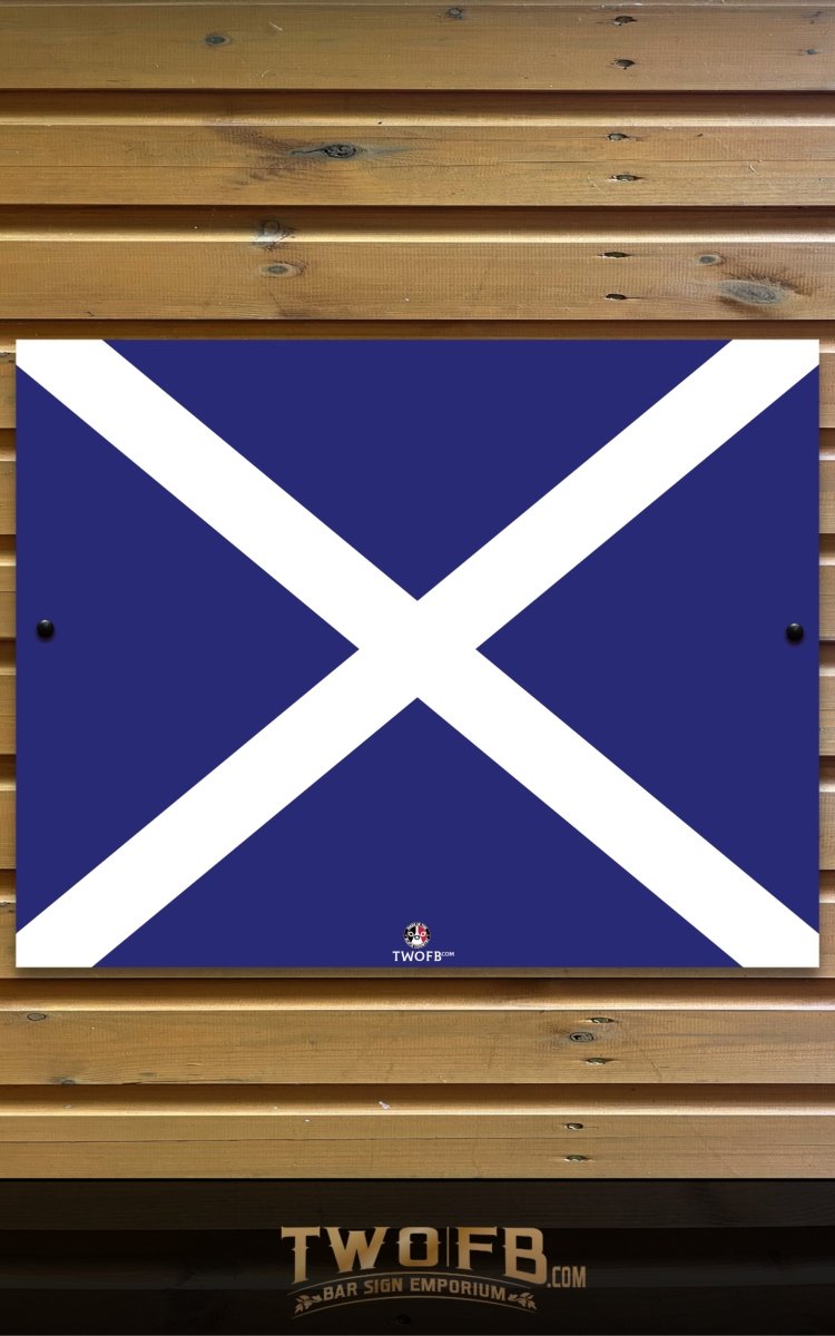 Blue flag with white cross on a wooden background, featuring the brand 'TWOFB'.