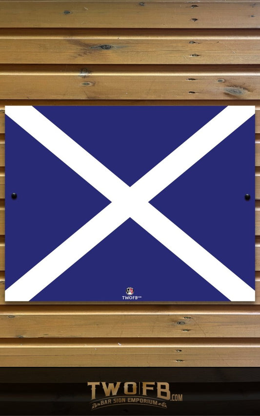 Blue flag with white cross on a wooden background, featuring the brand 'TWOFB'.