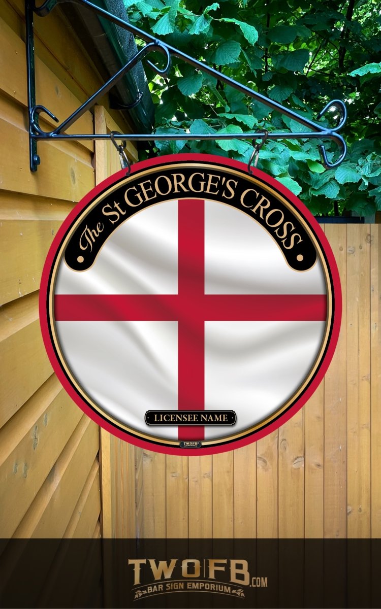 Round sign with St. George's Cross design on a wooden wall