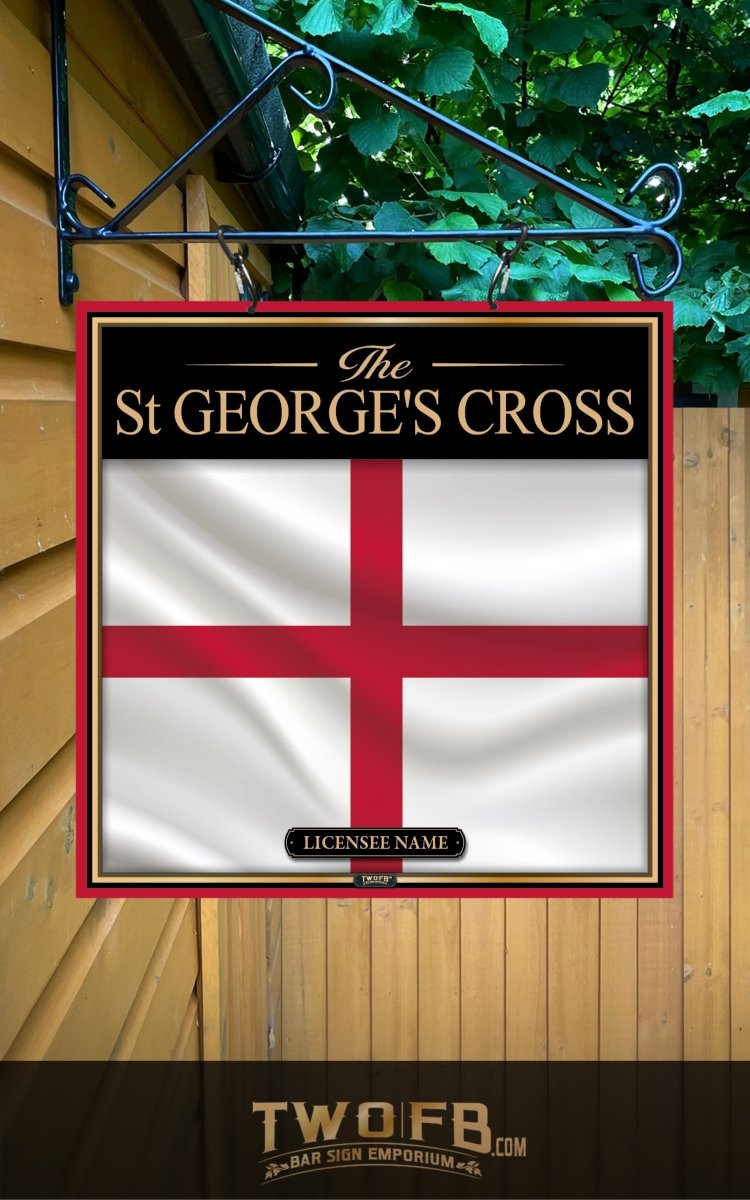 St George's Cross sign with red cross on white background, hanging outdoors.