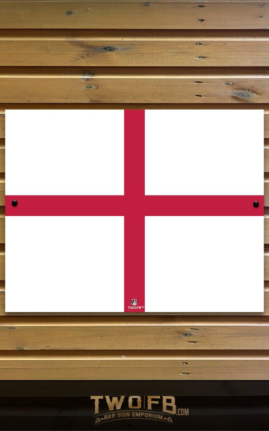 Flag with a red cross on a white background, framed by wooden slats with 'TWO FB' branding.
