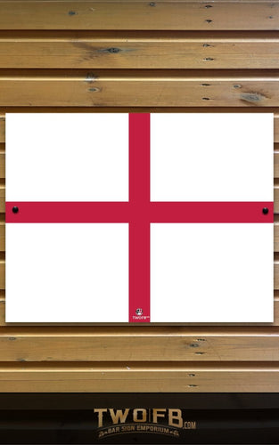 Flag with a red cross on a white background, framed by wooden slats with 'TWO FB' branding.