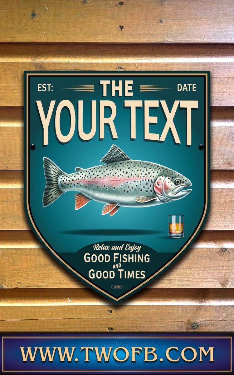 Personalized fishing-themed sign with a fish illustration on a wooden background