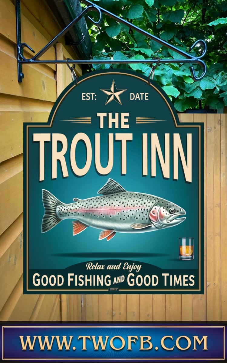 Sign for The Trout Inn with a fish illustration on a wooden background, Custom bar sign, hanging pub sign, Bar sign, pub sign, Personalised bar sign, Funny bar sign, home bar signs uk, bar signs uk, bar signs.co.uk, custom pub sign uk, pub sign design, outdoor bar signs
 
