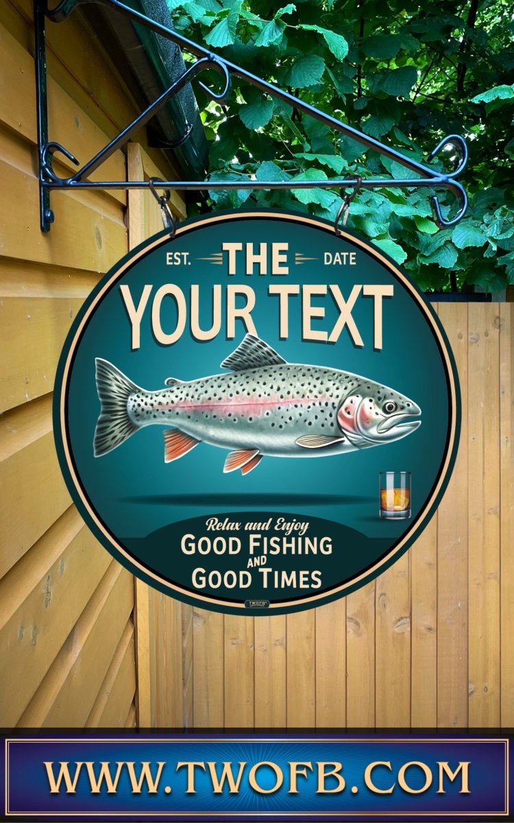 Decorative sign with a fish illustration and text on a wooden background