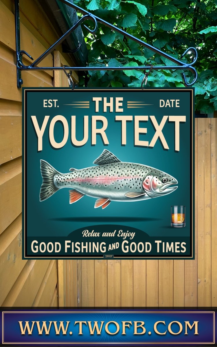 Fishing-themed sign with customizable text, featuring a fish illustration and a glass of whiskey.