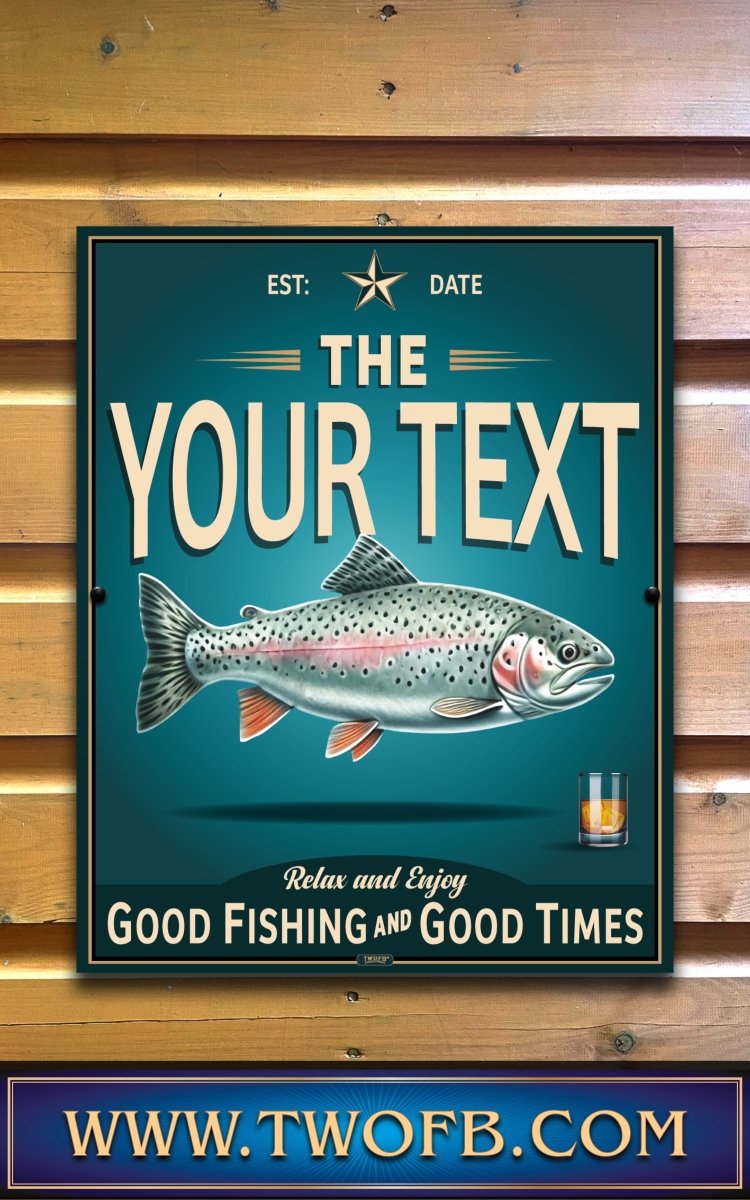 Personalized fishing-themed sign with a fish illustration on a wooden background