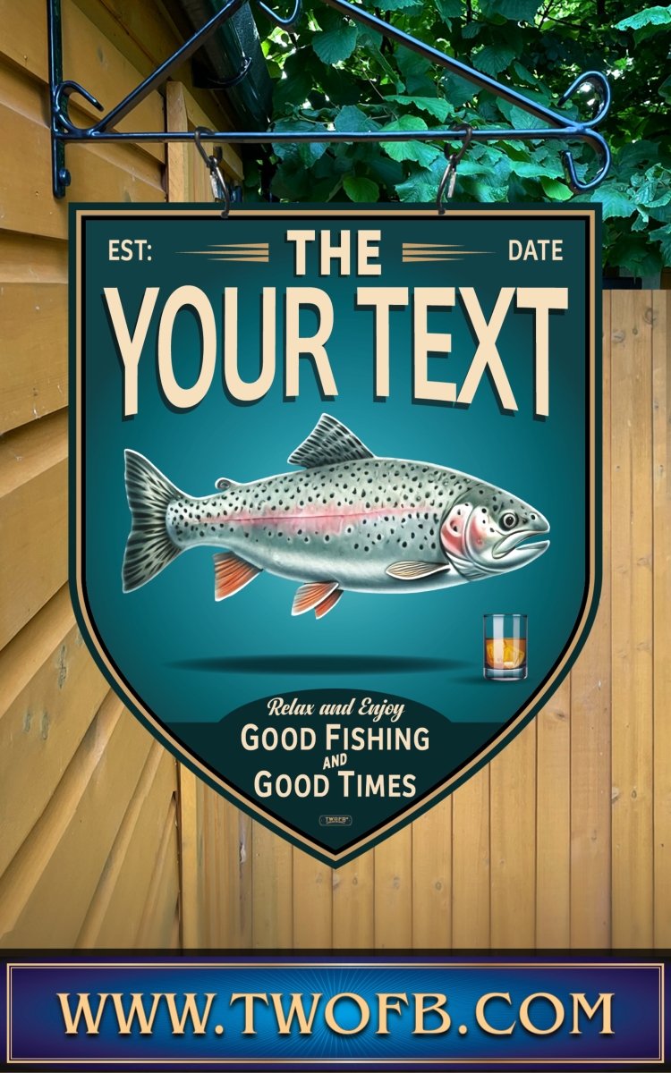 Decorative sign with fish illustration and customizable text on a wooden background