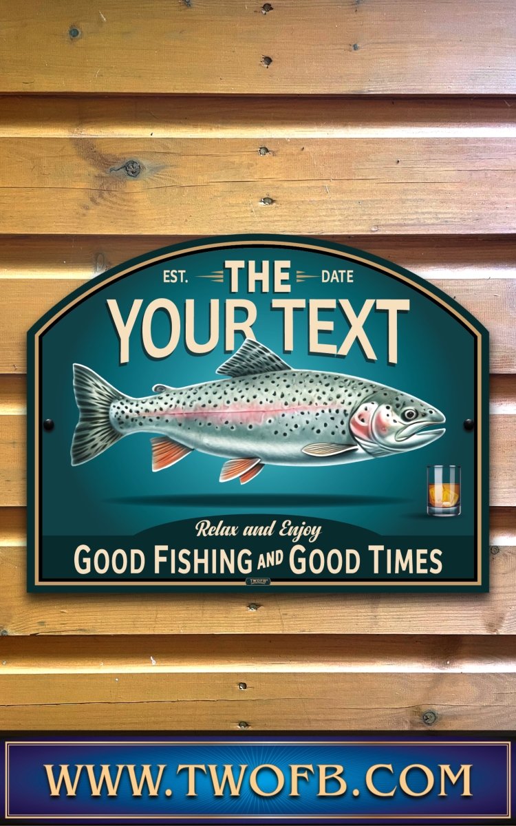 Personalized fishing sign with a fish illustration on a wooden background