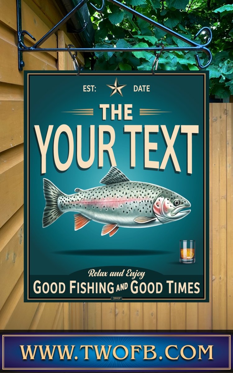Decorative sign with a fish illustration and customizable text on a teal background.