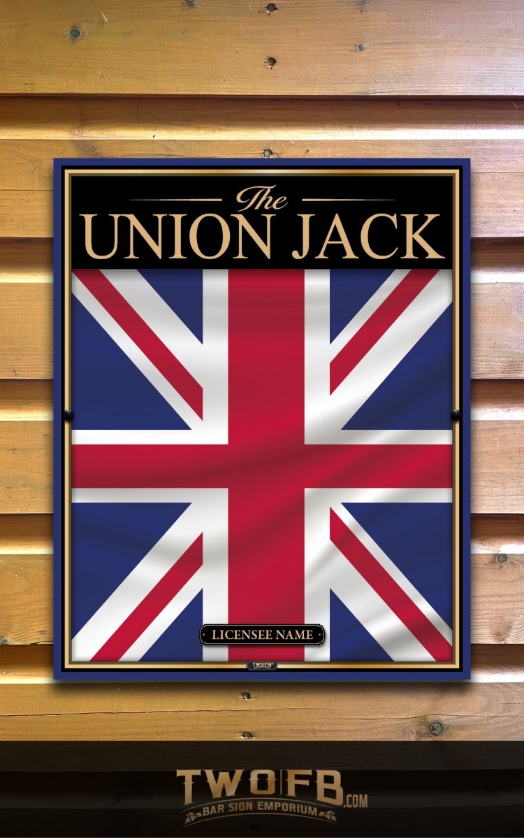 Union Jack flag poster on a wooden background