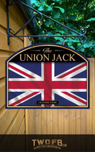Load image into Gallery viewer, Union Jack sign with British flag design on a wooden background
