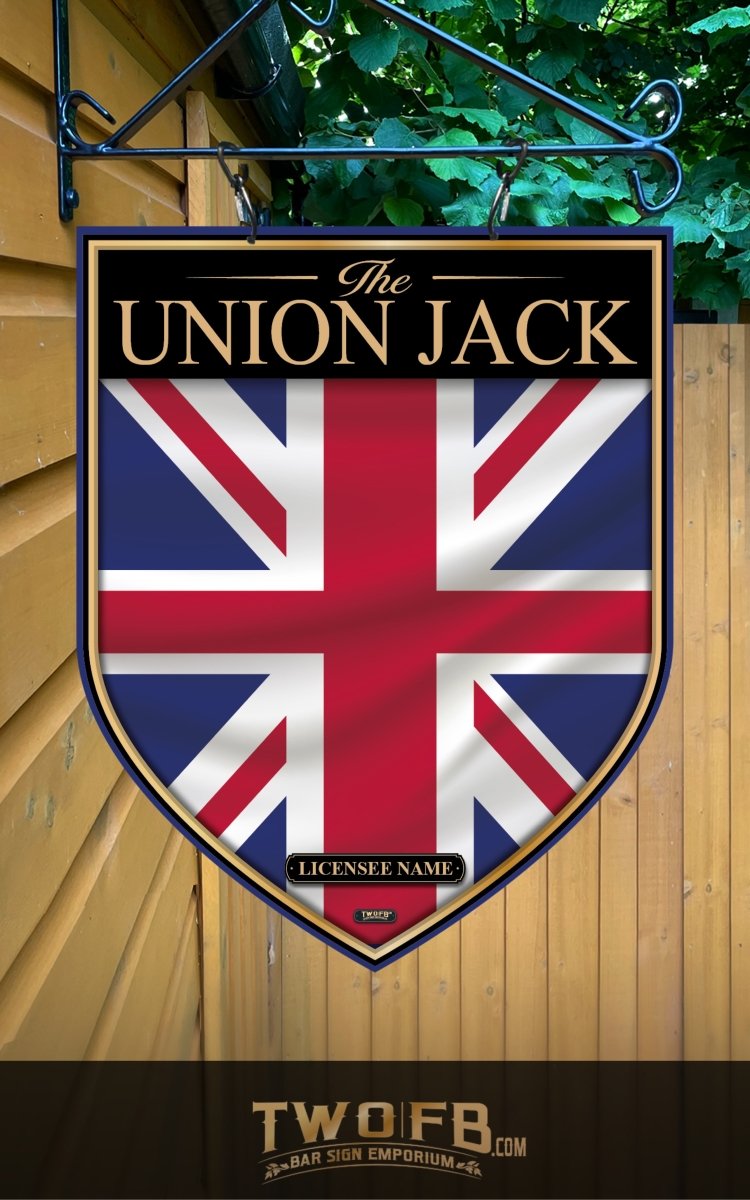 Union Jack sign with 'The Union Jack' text on a wooden background