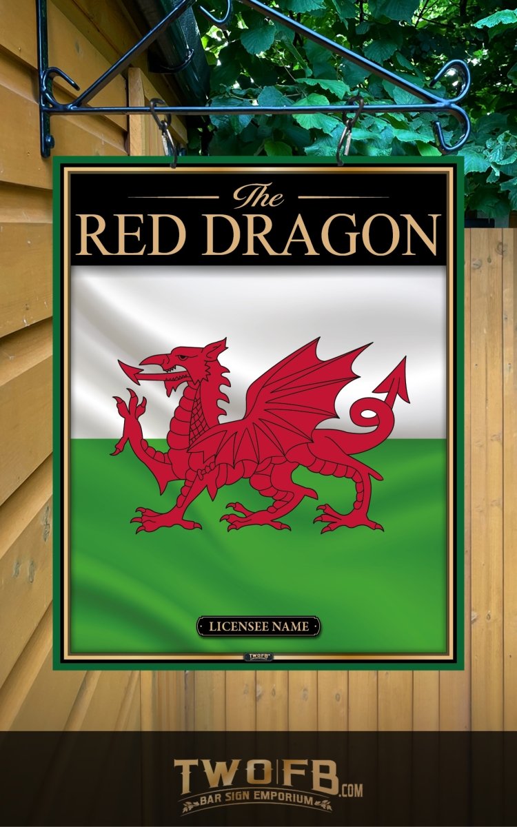 Decorative sign with red dragon emblem on a green and white background, hanging outdoors.