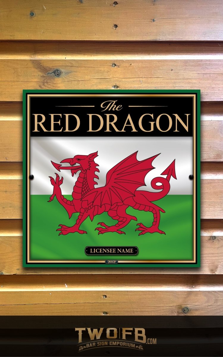 Decorative sign with red dragon emblem on a wooden background