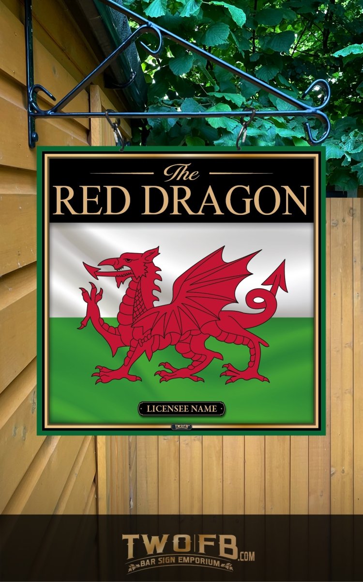 Sign featuring a red dragon on a green and white background, hanging against a wooden wall.