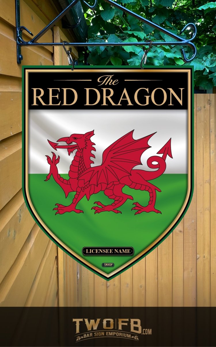 Decorative sign with red dragon emblem on a green and white background, hanging against a wooden wall.