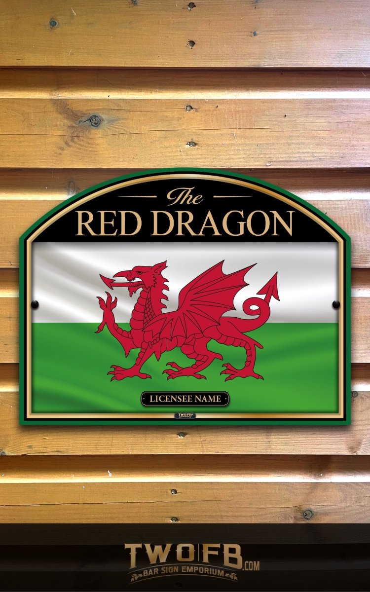 Decorative sign with red dragon emblem on a wooden background