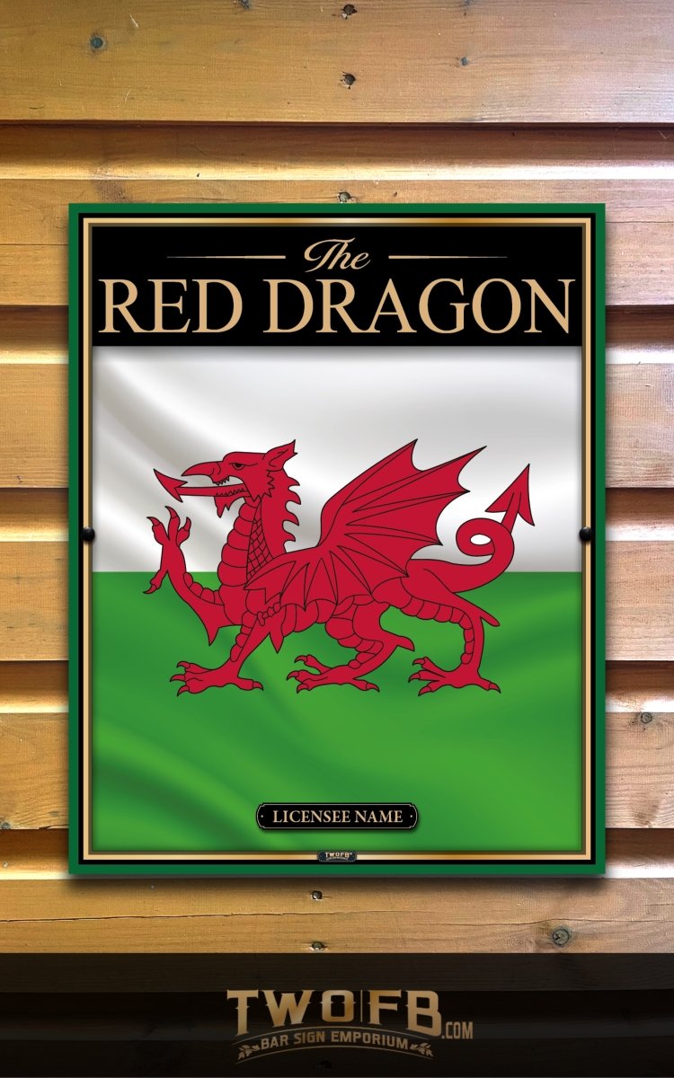 Poster of the Red Dragon emblem on a green background with 'The Red Dragon' text, displayed against a wooden wall.