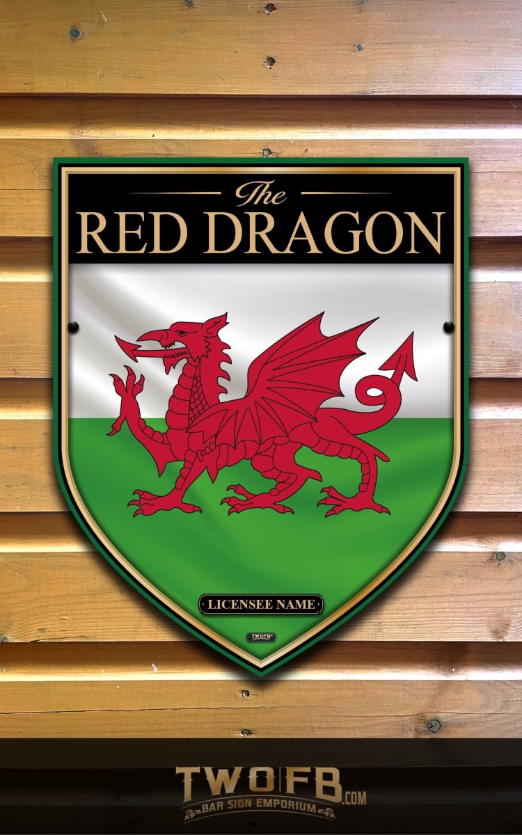 Red dragon emblem on a shield with 'The Red Dragon' text, displayed on a wooden background.