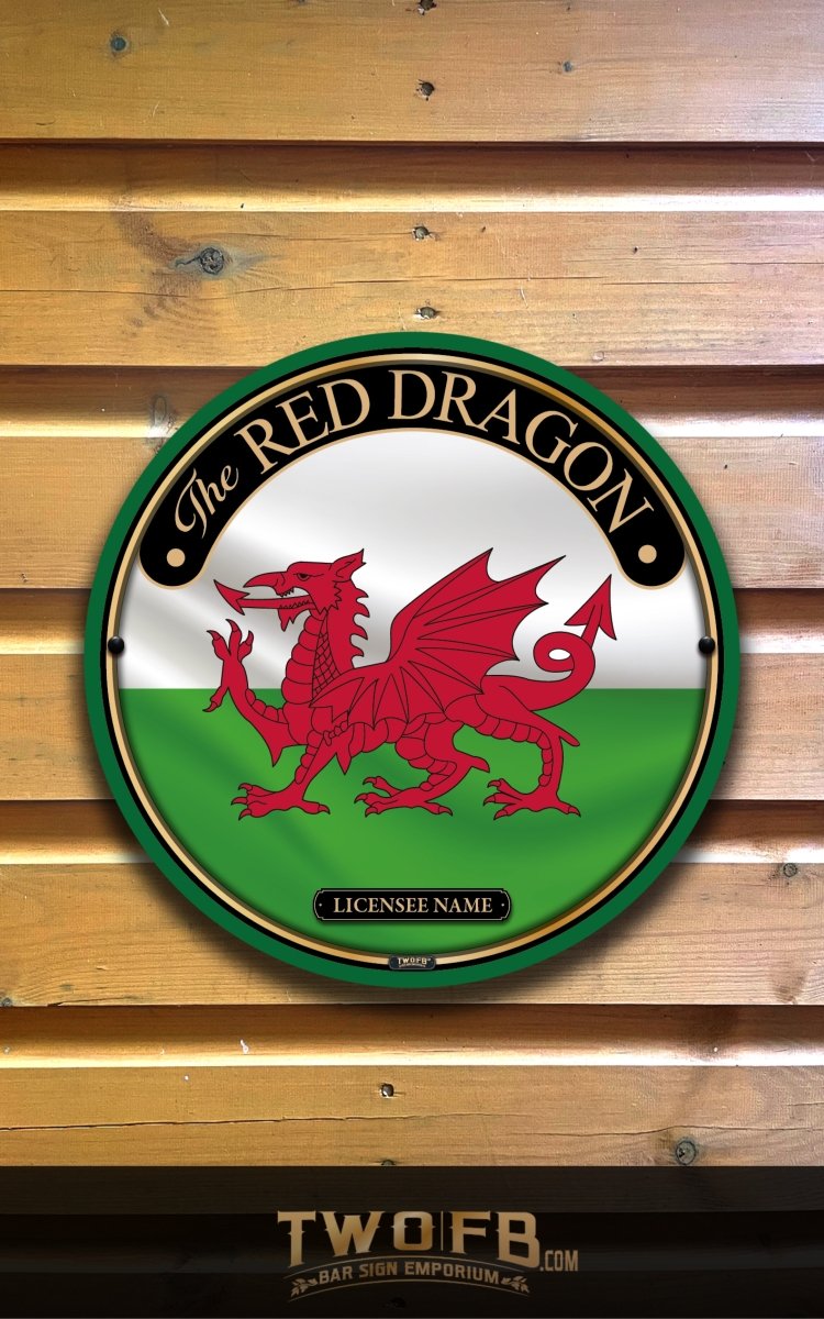 Circular sign with red dragon emblem on a wooden background