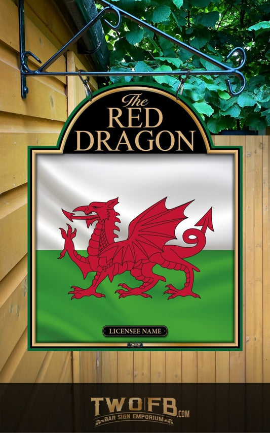 Sign with red dragon emblem on a green and white background, hanging on a building.