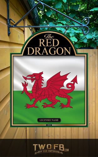 Sign with red dragon emblem on a green and white background, hanging on a building.