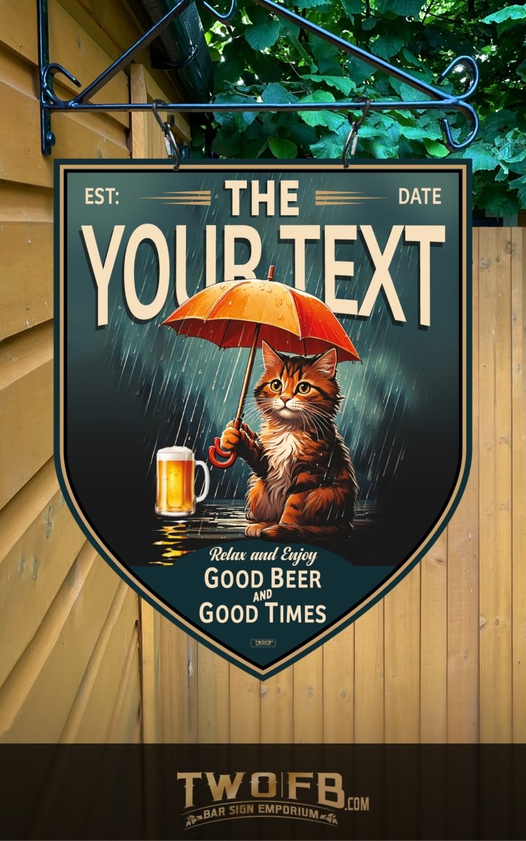 Decorative sign with a cat holding an umbrella and a beer, customizable text, hanging on a wall.