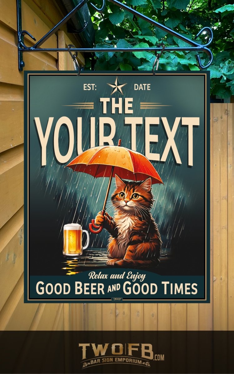 Decorative sign with a cat holding an umbrella and a beer, text customizable, brand 'TWOFB' visible.