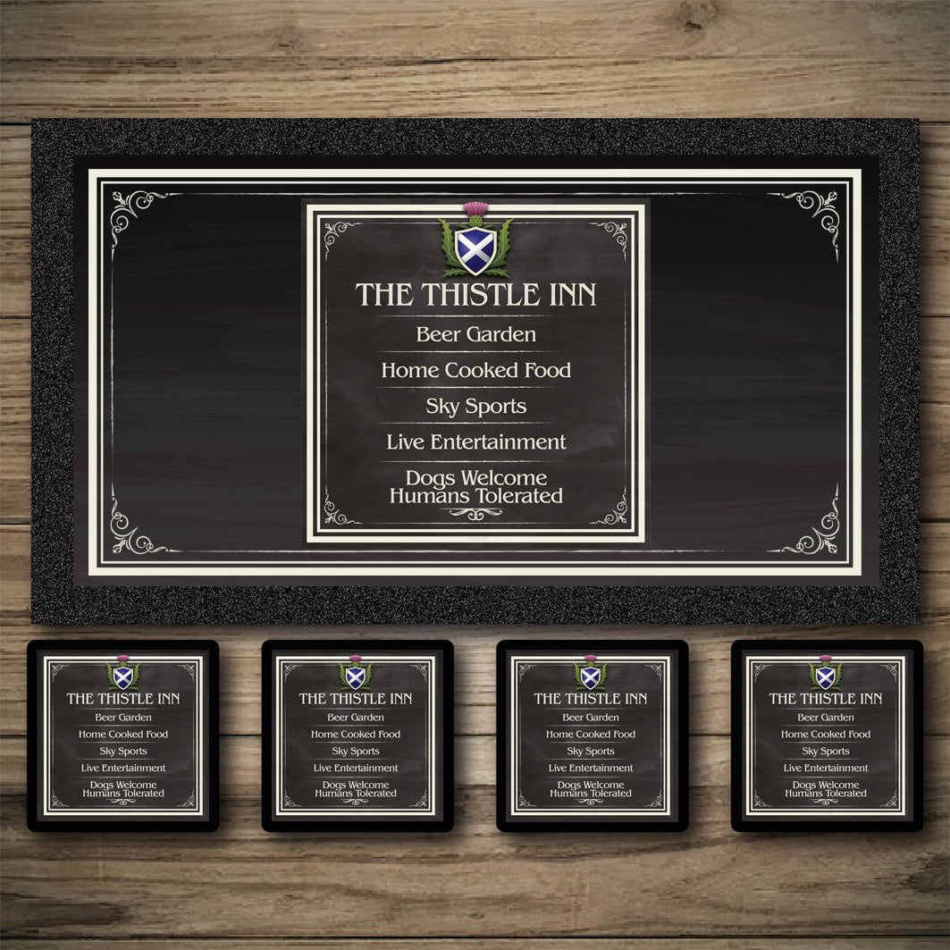 Personalised Bar Mat | Custom Bar Runner | Scottish Thistle Chalkboard | Hanging Bar Signs