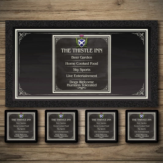 Personalised Bar Mat | Custom Bar Runner | Scottish Thistle Chalkboard | Hanging Bar Signs