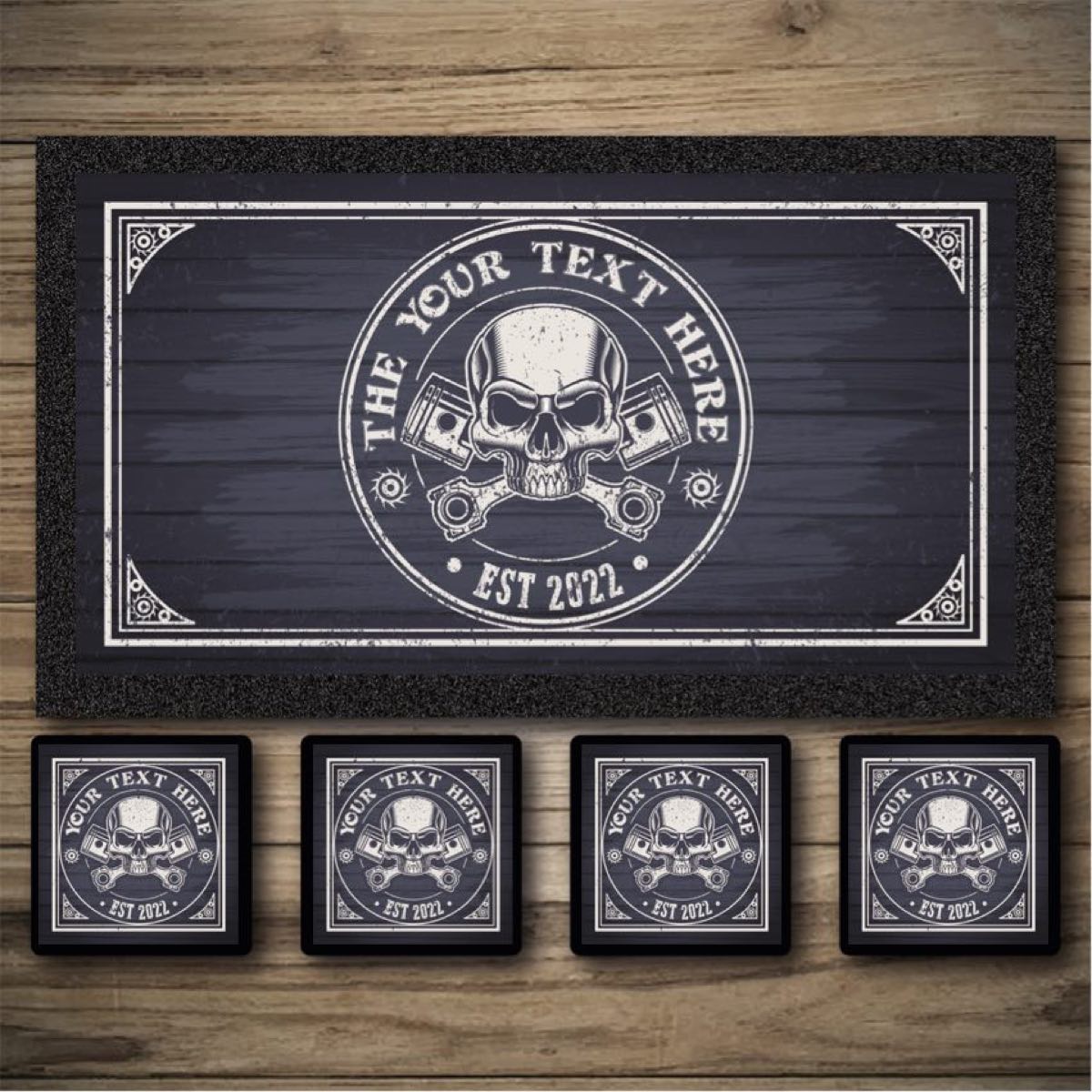 Bikers rest bar runner, Personalised bar mats, custom beer coasters