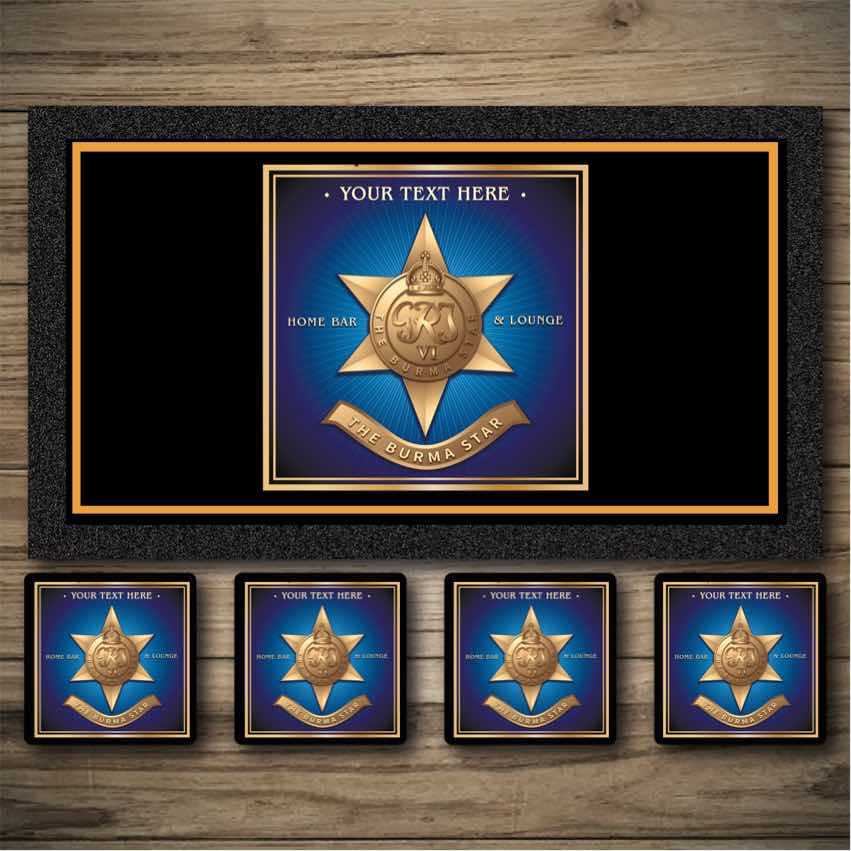 Burma star medal bar runner, beer mats, bar coasters.