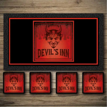 Load image into Gallery viewer, Devil&#39;s Inn - Hells Bar sign- Bar coasters, Bar runners, Beer matts
