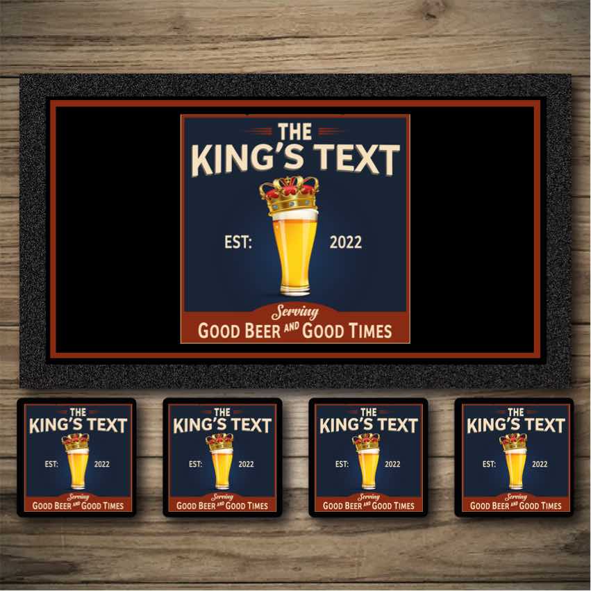 Kings Tipple Custom Bar runner, personalised beer mats, bar coasters.