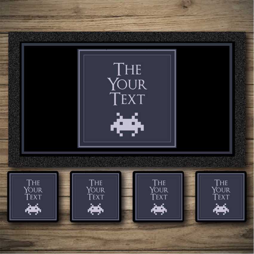Retro Gammer bar runner, Space invader beer mats, bar coasters
