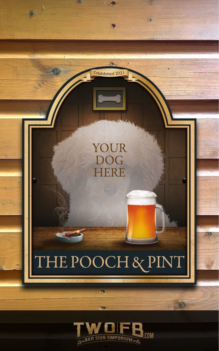 Your dog on a Pooch & Pint Bar Sign Custom Signs from Twofb.com Hanging Pub Signs