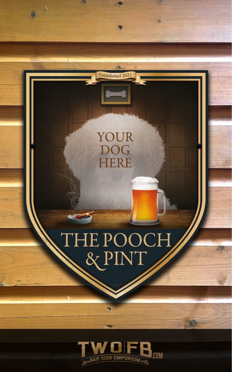 Your dog on a Pooch & Pint Bar Sign Custom Signs from Twofb.com Pub Sign Design