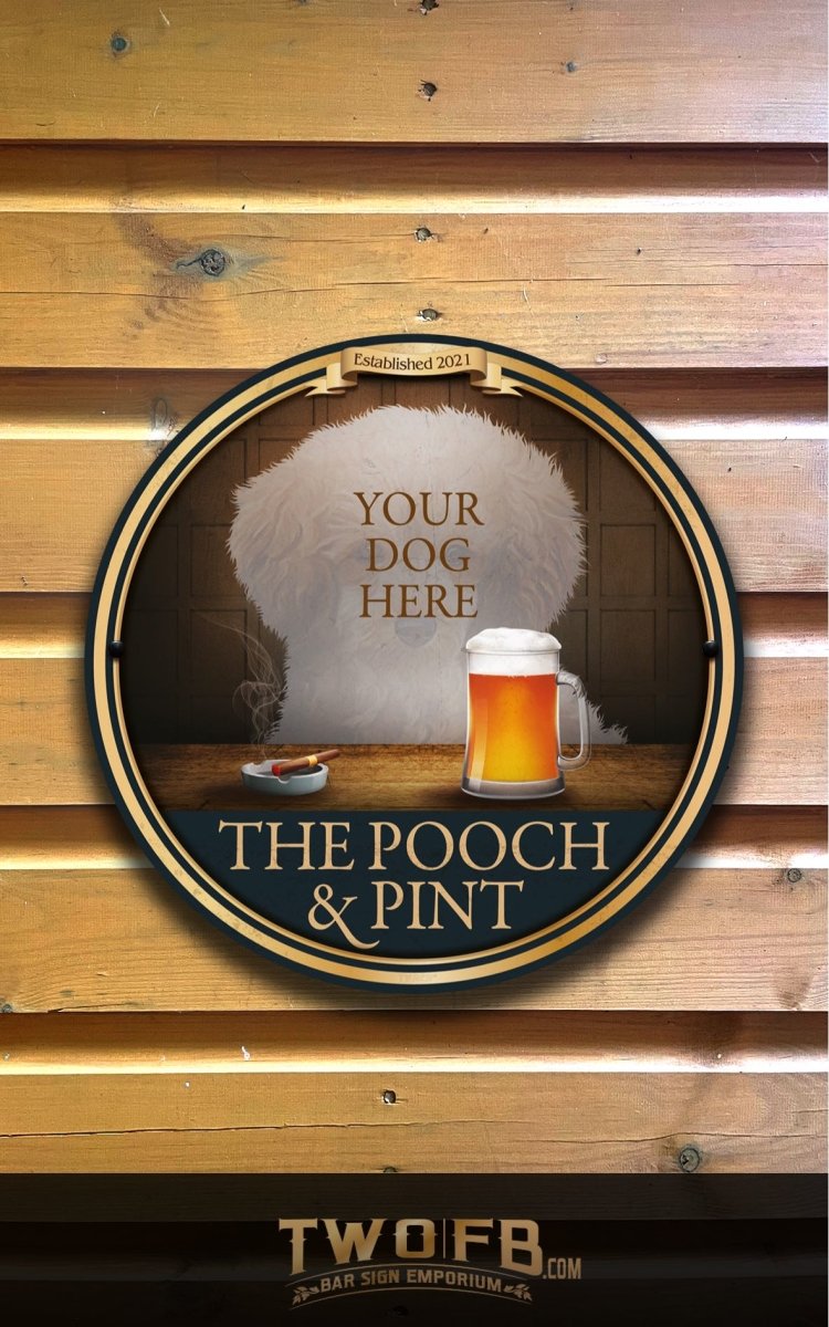 Your dog on a Pooch & Pint Bar Sign Custom Signs from Twofb.com Home Bar Signs